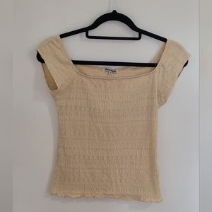 Y2K Paris Blues Pale Yellow Off the Shoulder Crop Tshirt in women's size Medium